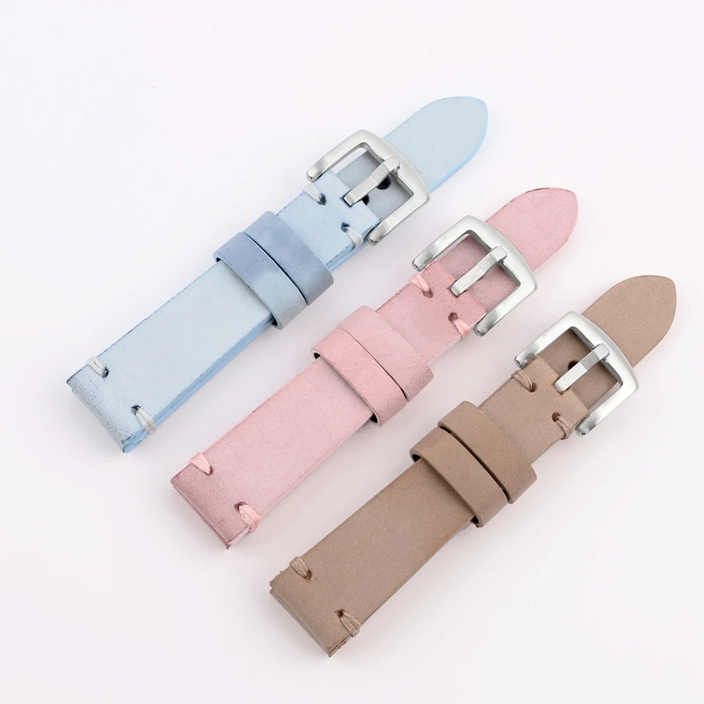 

New Oil Wax Leather Watch Strap 20mm 22mm Vintage Watch Band Handmade Straps Pink Blue Available Handmade Watchband Accessories