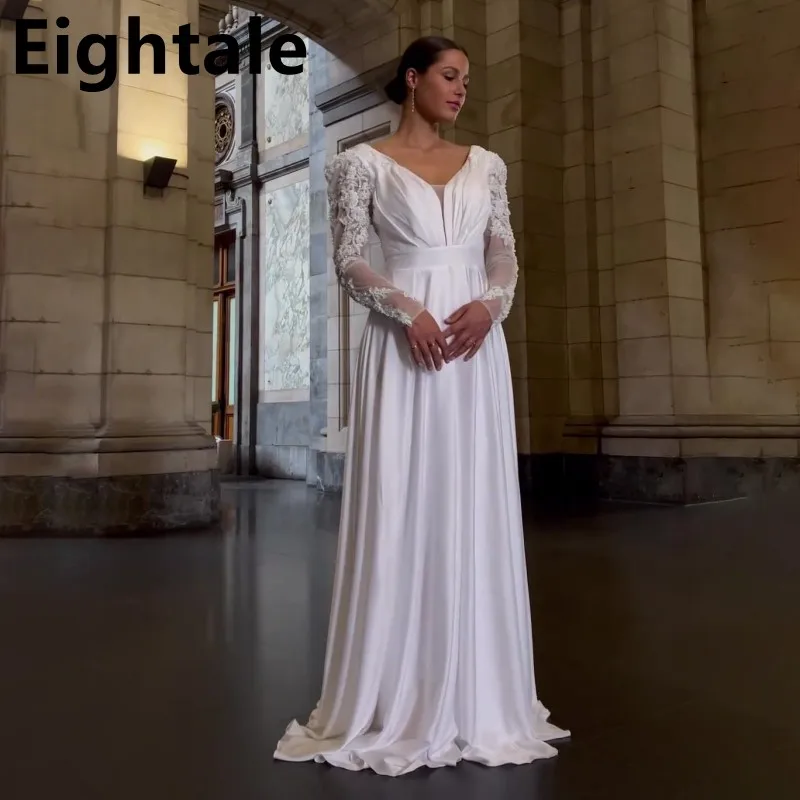 

Eightale White Long Sleeve Evening Dresses V Neck Applique Dubai A-Line Celebrity Formal Party Gown Satin Prom Dress