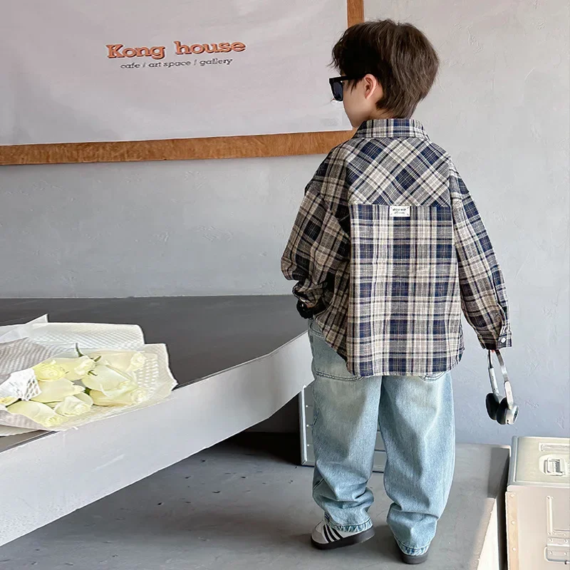 Plaid Long Sleeve Shirt for Boys Spring Autumn Fashionable Checkered Children's Clothing Small Medium Size Kids' Outerwear