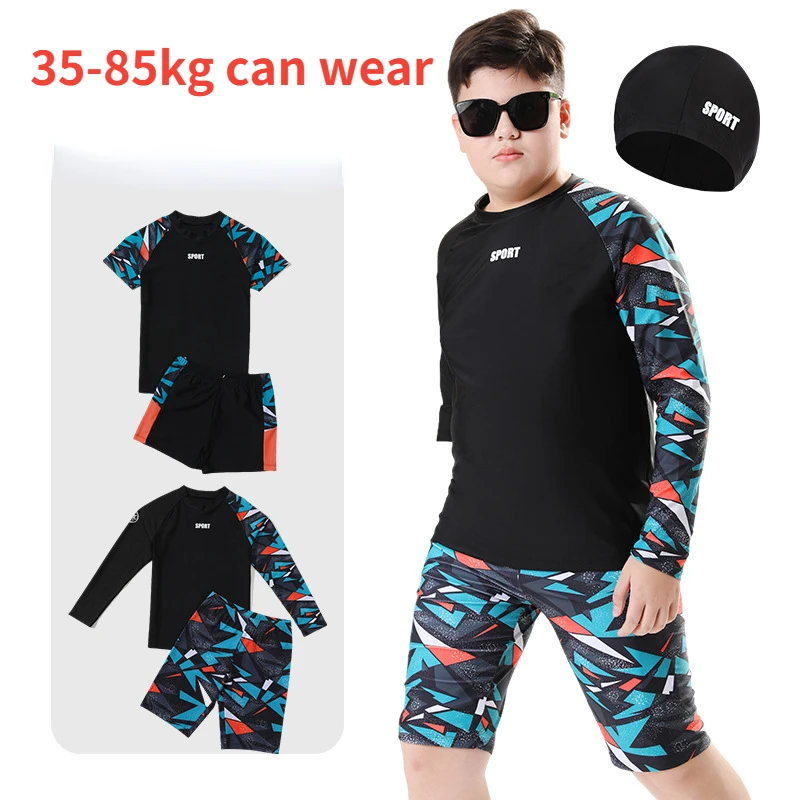 Children's Long Sleeve Split Body Swimsuit Boy's Swimwear with Cap Overweight Young Boy Hot Spring 35-75kg boys swimwear