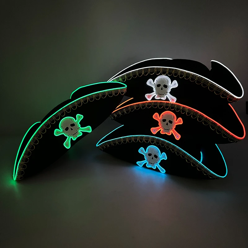 Halloween Skull Pattern Pirate Hat Glowing LED Adult Captain Cosplay Costume Props Cap Masquerade Pirate Themed Party D&eacute;cor cosplay hat cosplay prop accessories