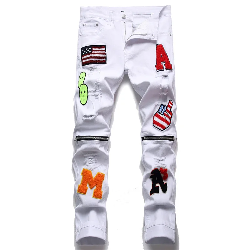 Men Badge Patched Denim Jeans Trendy American Flag Patchwork Stretch