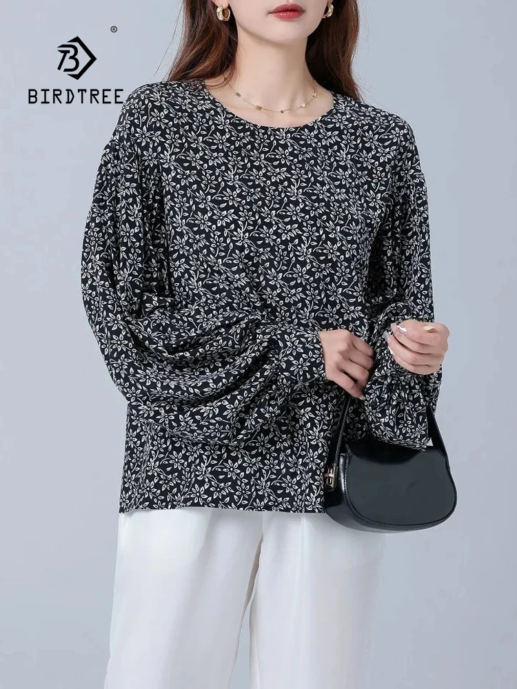 

BirdTree Temperament Commute Loose Blouse,100%Real Silk Elegant Shirt,Women's O Neck Retro Printed,2024 Spring New T42117QC