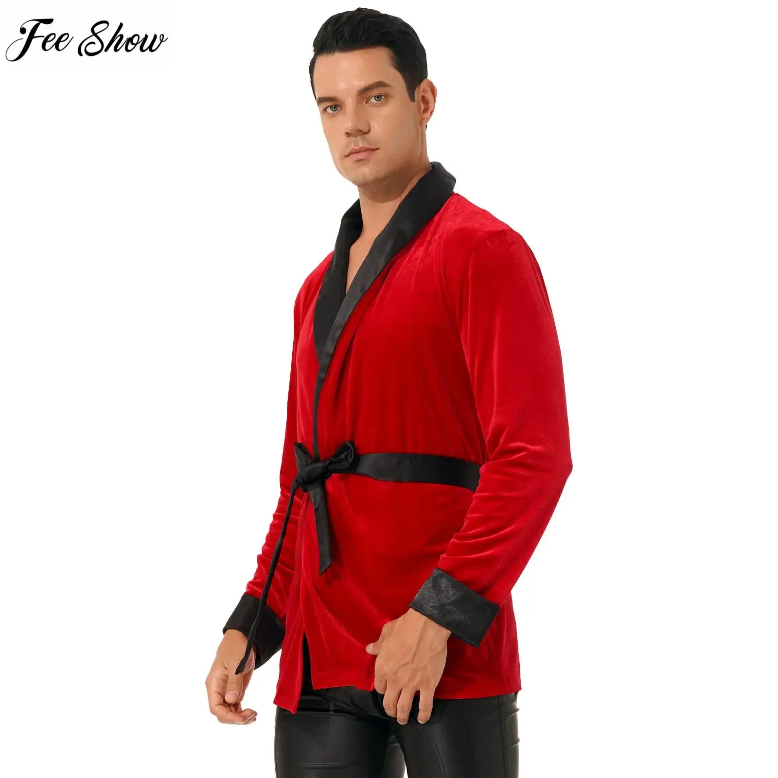 

Mens Christmas Role Play Costume Color Block Velvet Kimono Bathrobe Nightwear Long Sleeve Night-robe Tops with Belt