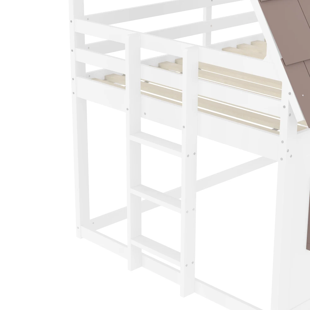 140 X 200cm Holz-Etagenbett mit Dach und Leiter, Hausförmiges Etagenbett mit Fenster und Integrierter Leiter, Geeignet für Schlafzimmer – Detail 26