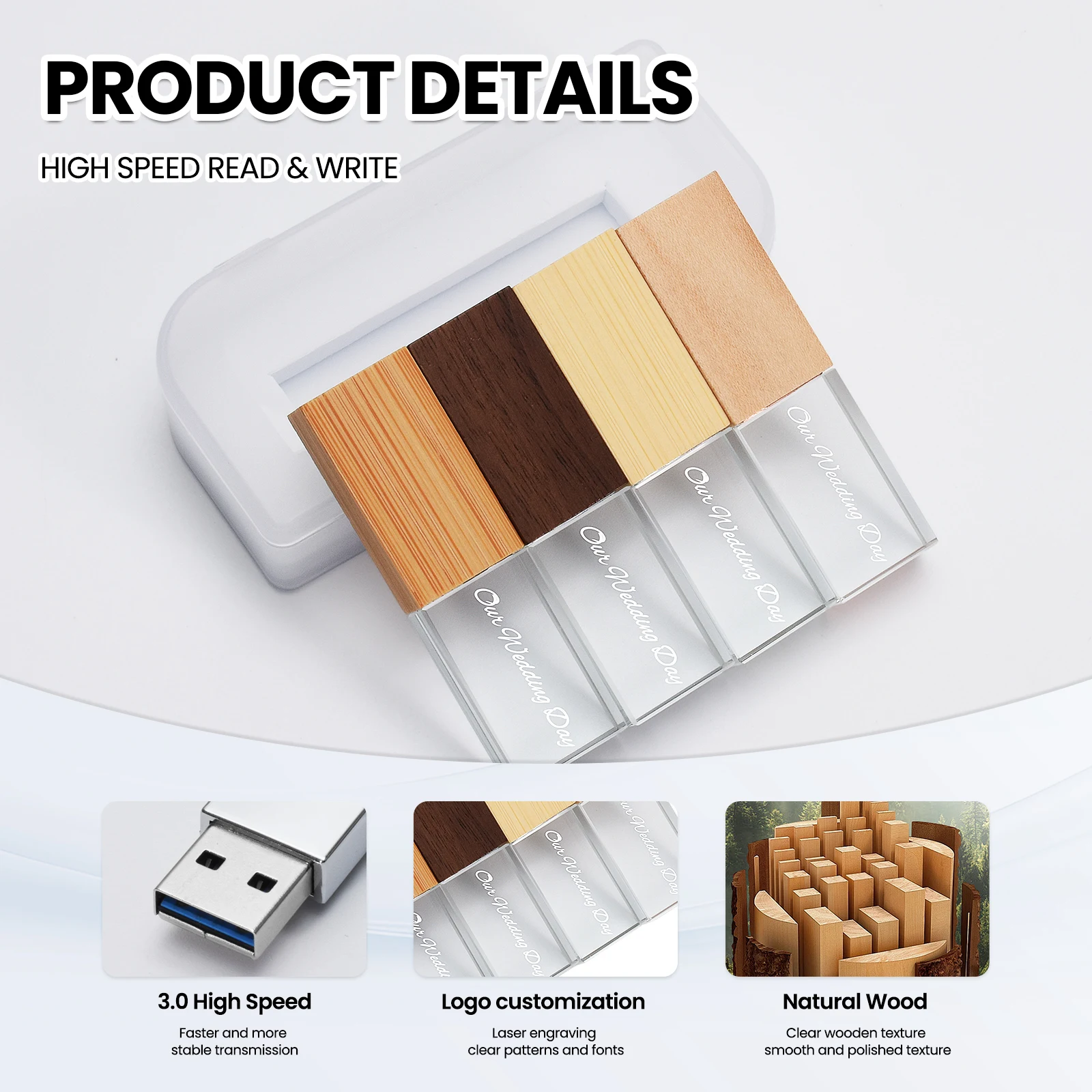 나무 뚜껑 USB 플래시 드라이브 LED 조명 크리스탈 펜 드라이브 128GB 64GB 32GB 무료 맞춤 로고 메모리 스틱 U 디스크 16GB 8GB 4GB