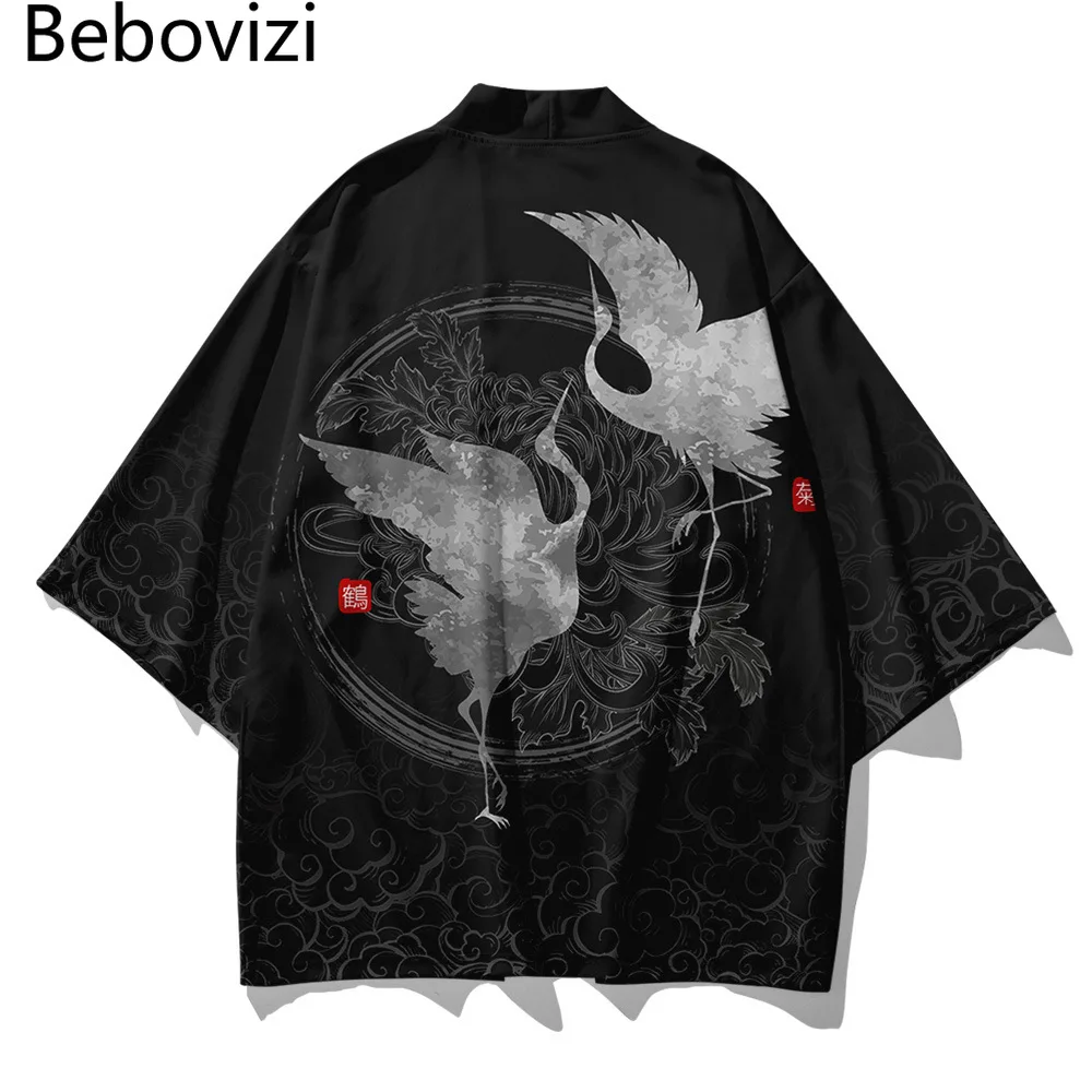 Bebovizi Japanese Crane Kimono Cosplay Pant Men Women Cardigan Samurai Robe Black Clothes Summer Yukata Vintage Haori