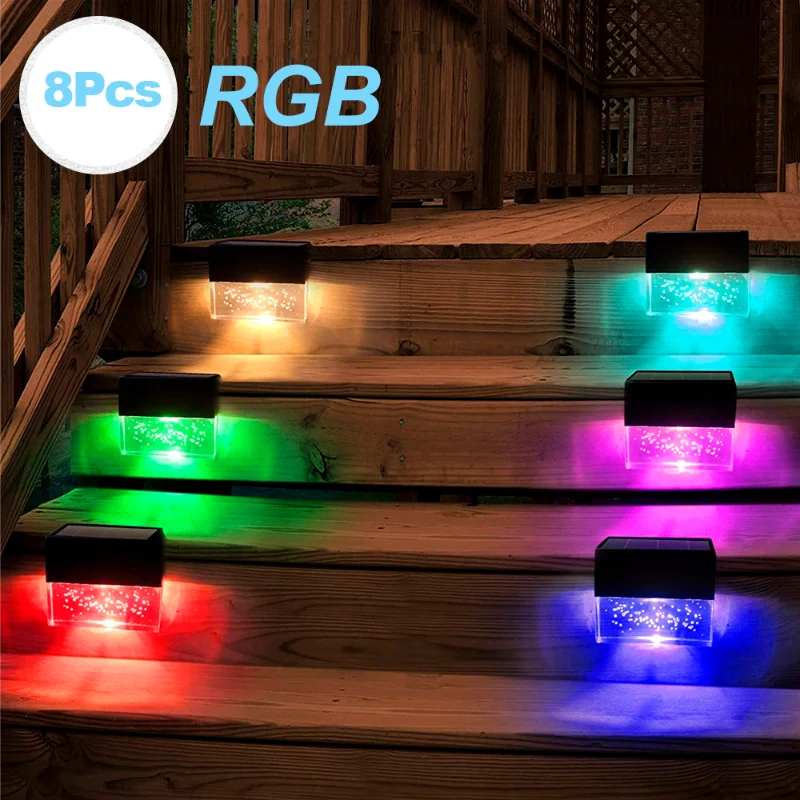 8Pcs Solar Stair Lights Outdoor Garden Waterproof LED Lawn Lamps Passage Courtyard Step Fence RGB Decoration Landscape Lightings