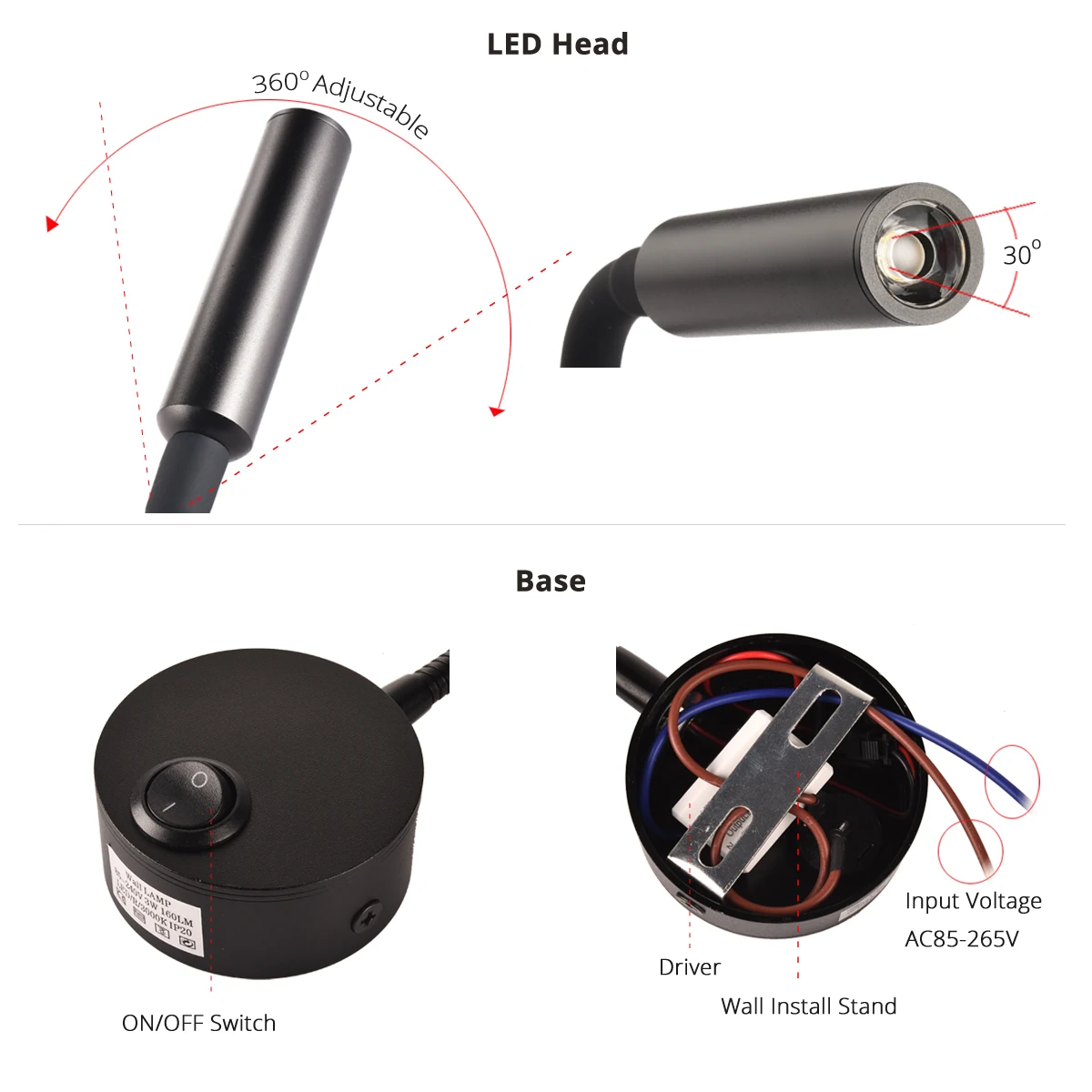 3W Wall Lamp Sconces Bedside Working Study Reading Book wall Night light fixtures Gooesneck Adjust Spot LED White Black Silver 5