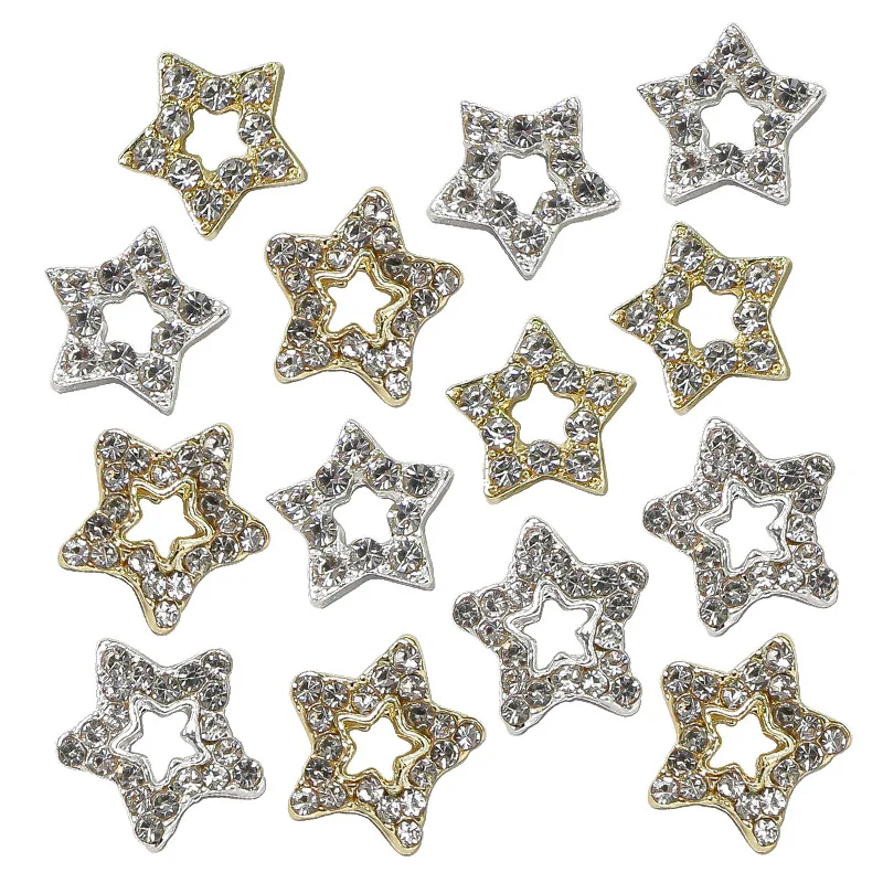 

Hollow Star Nail Charms Silver Golden Alloy Rhinestone Nail Art Decoration Jewelry DIY Design Accessories Beads 10pcs