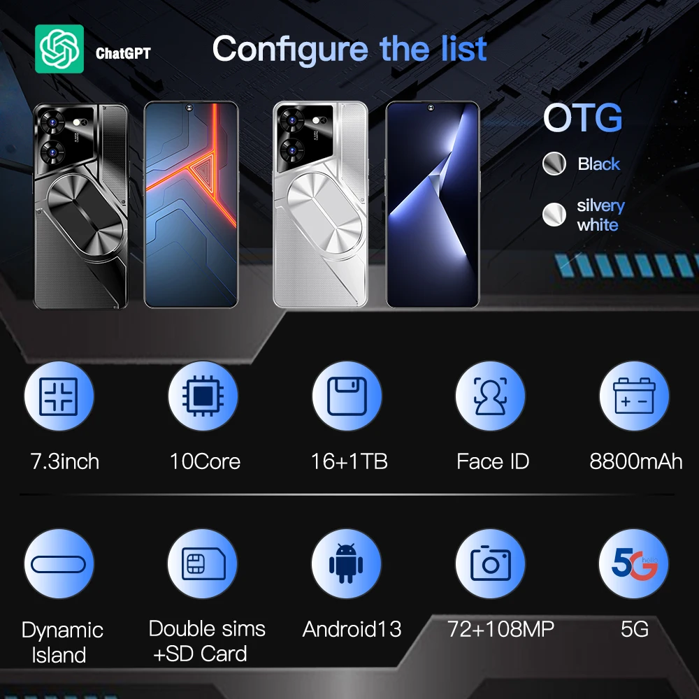 Telefon komórkowy Povo5Pro 7.3 ekran HD smartfon oryginalny 22GB + 2TB 5G Dual Sim Celulares Android odblokowany 108MP 8800mAh telefon komórkowy