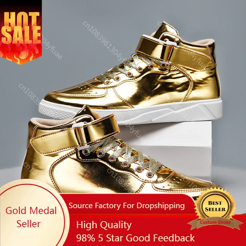 

Luxury Gold Men Shoes Patent Leather Designer Sneakers Men High top Mirror Shoes Hip-hop Men's Casual Shoes zapatillas hombre