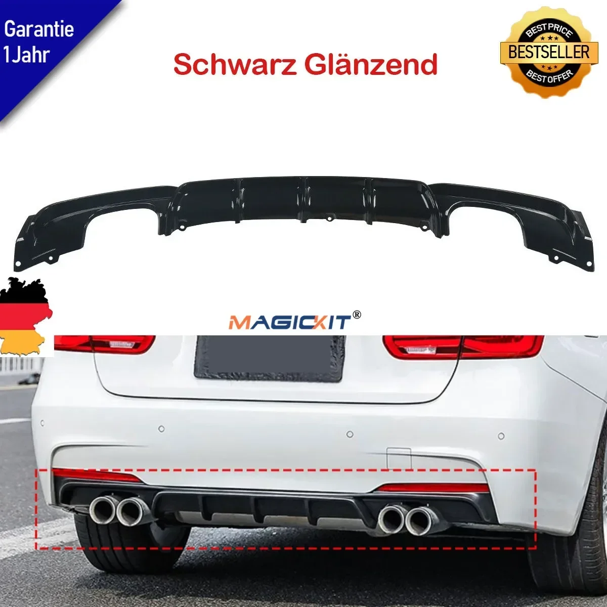 MagicKit M Performance Rear Diffuser SPLITTERfor BMW 3 Series F30 F31 F35 M-TECH M-sport 2012-2019 Glossy Black Car Accessories