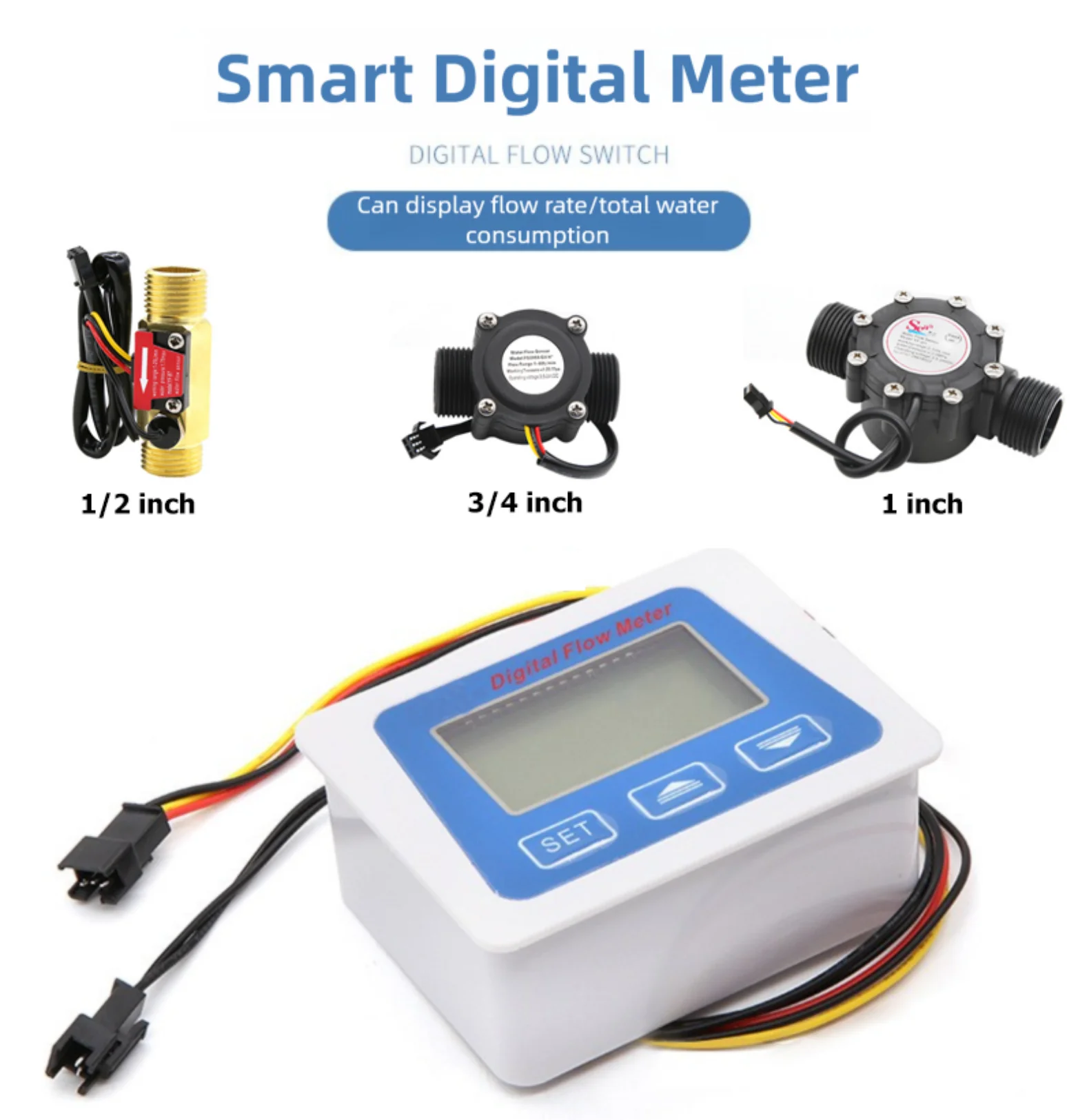 Smart Digital Water Flow Meter Set LCD Flow Rate Monitor Inline Electronic Flow