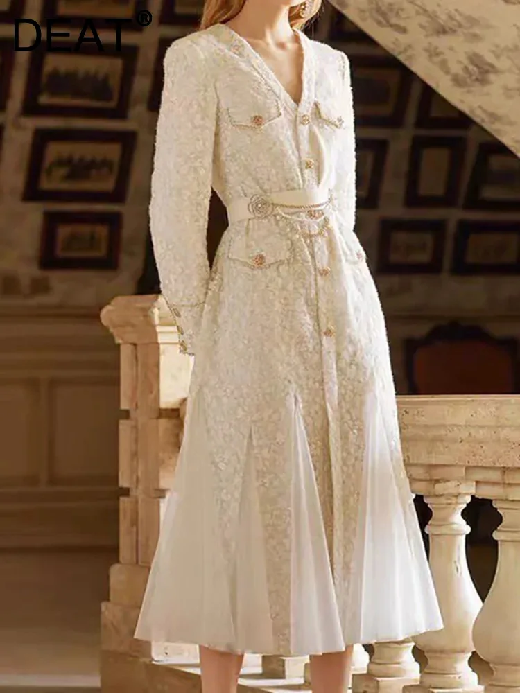 

DEAT Elegant Dress Mermaid Single Breasted Patchwork Gauze Lace Thick Women's Evening Dress 2024 Summer New Fashion 13DB1339