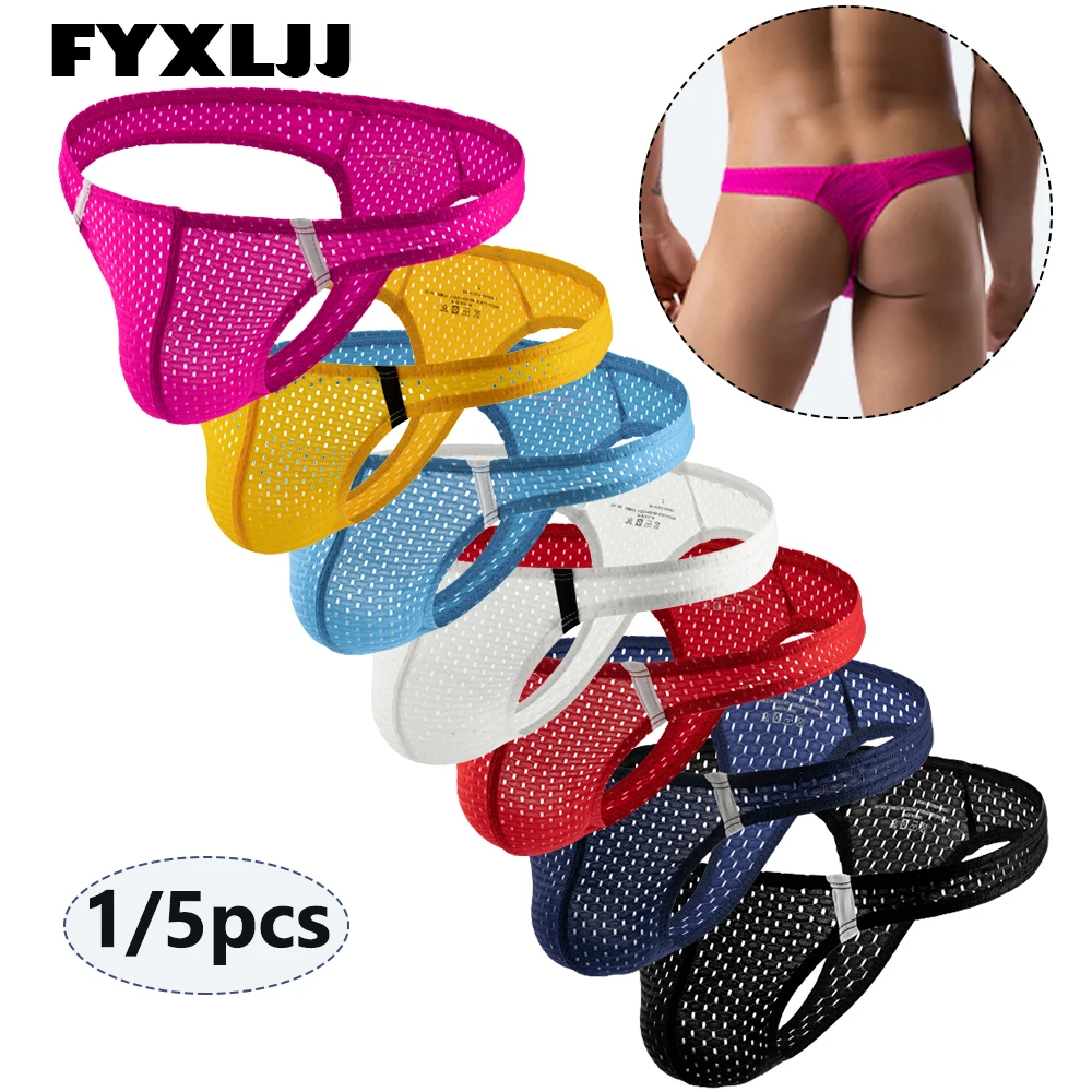 

FYXLJJ 1/5pcs Men Sexy Pouch Thongs Mesh Breathable Swim Low Rise Bikini Panties Man Erotic Solid Color G Strings Male Underwear