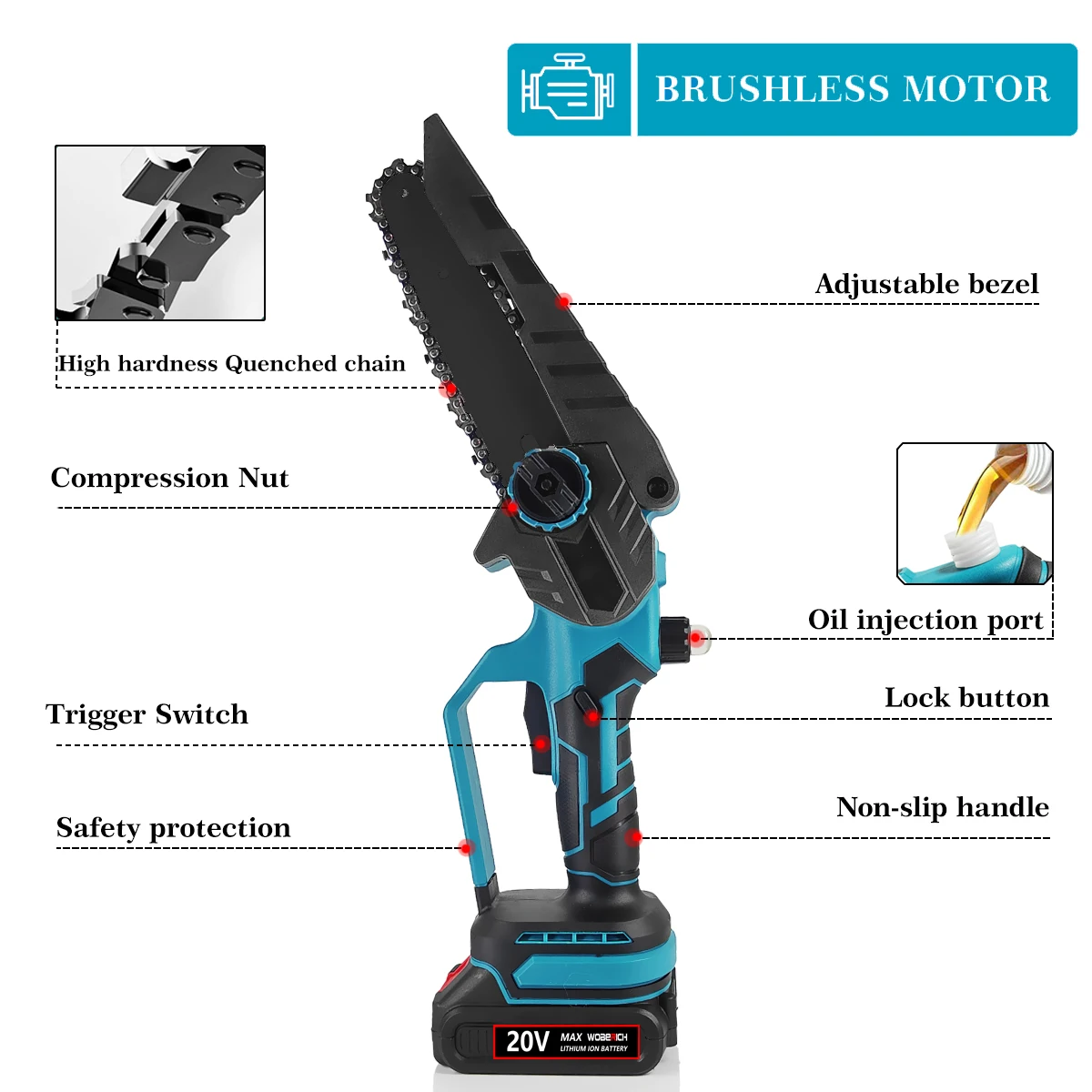 Brushless 6 Inch Cordless Mini Chainsaw Electric Chainsaw Mini Electric Saw Hand Pruning Saw Electric Woodworking Garden Cutting Tools For Makita Battery