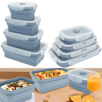 Conteneur de stockage des aliments en Silicone, 4 pièces, résistant à la température, conteneur de préparation des repas, coffre-fort pour micro-ondes, boîte alimentaire pliable 1