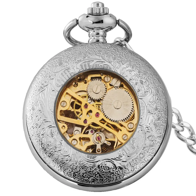 Silver/yellow Gold Pocket Watch Hollow Out Happy Birthday Cake Design Unisex Hand Winding Mechanical Clock Timepiece with Chain