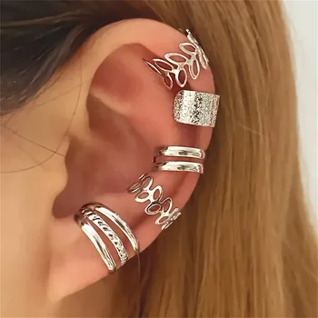 5pcs/set Trendy Elegant Design Ear Cuff Classic Elegant Style Gifts Women's No Piercing Clip silver Earrings Circle Leaf Shaped 1