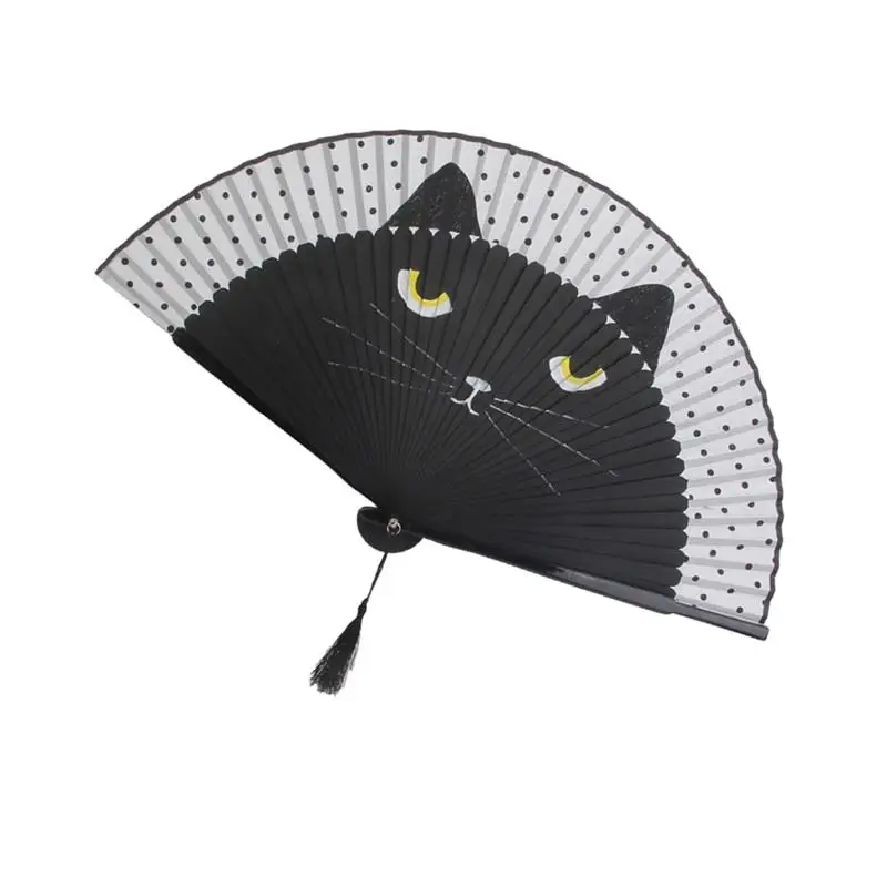 Folding Fan Cat Chinese Cartoon Silk Japan Style Handheld Women Girls Kitty Fan