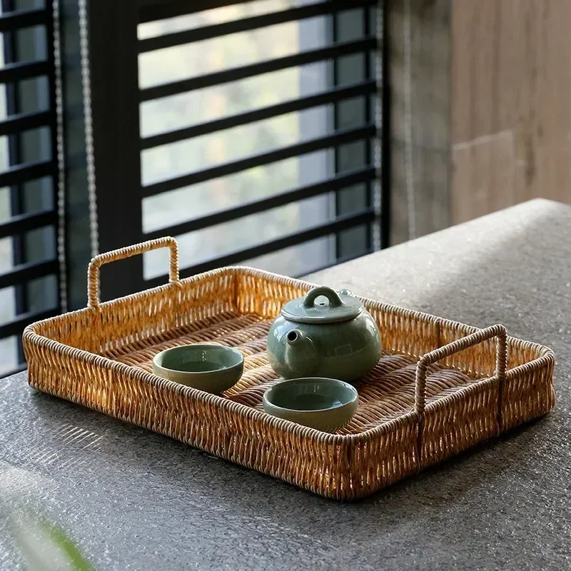 

Serving Rattan Basket Platter Handle Fruit Tray Plastic Tea Storage New With Sundries Plate Imitation Weaving Dinner