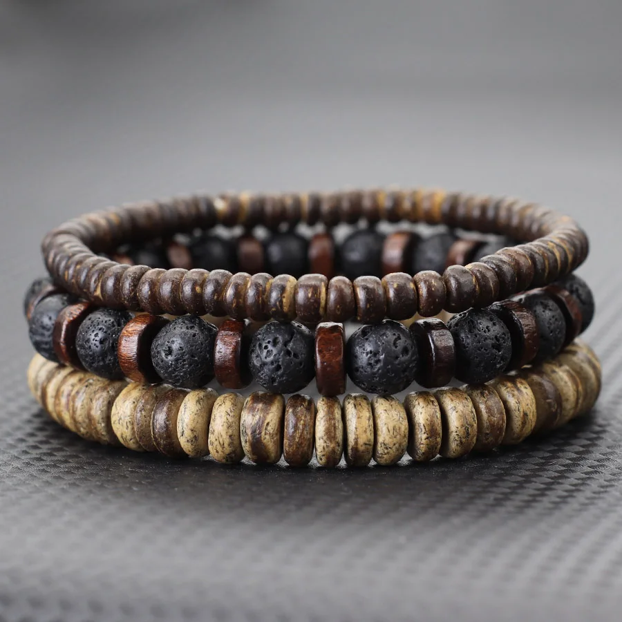 Men Coconut Husk Beads Bracelet Set with Howlite Lava Tiger Eyes Stone