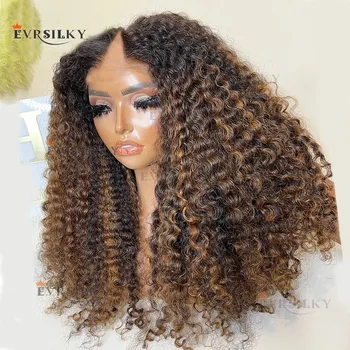 Highlight Ash Blonde Full Afro 3C Kinky Curly Women 100% Human Hair 1x4 V Shaped Wigs Ombre Chestnut Brown U Part Wigs 250Densit