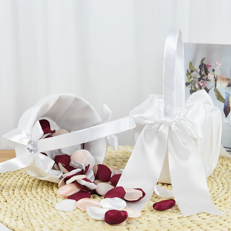 

1pcs Wedding Satin Lace Bow Flower Basket Flower Girl Pearl Rhinestone Hand Held Baskets Wedding Party Decoration Supplies