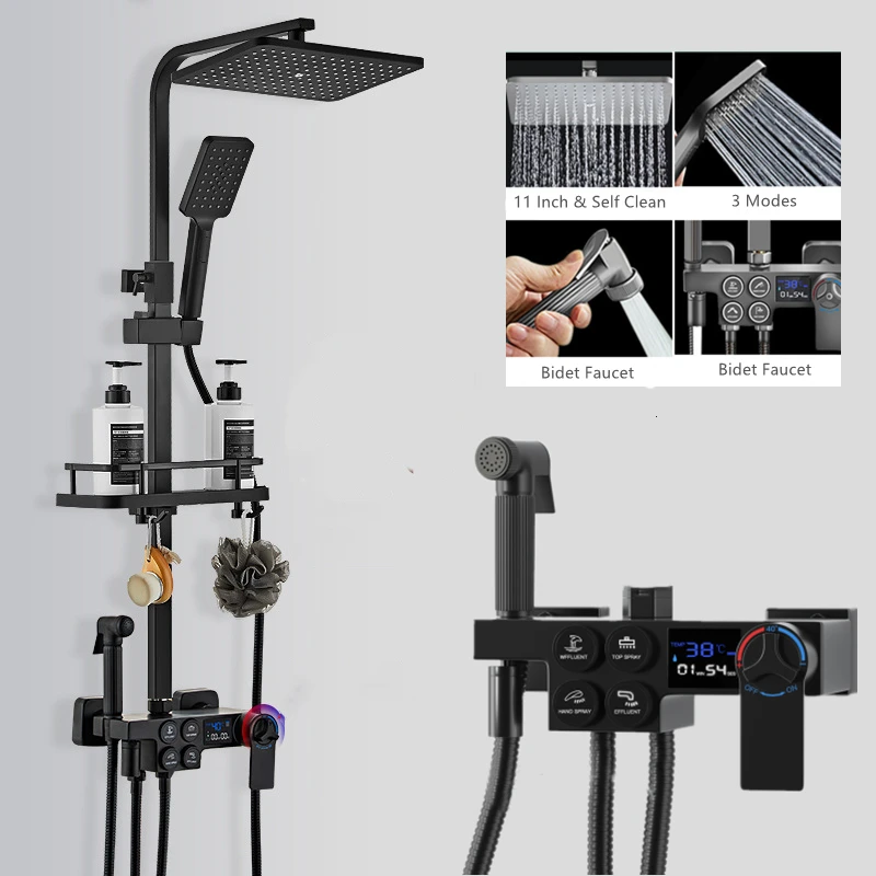 

Black Display Thermostatic Shower Faucet Set Rainfall Bathtub Tap With Bathroom Shelf Water Flow Produces Power Generation