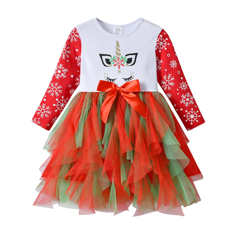 Girls New Year Christmas dress kids green red snowflakes bow knot dresses girls irregular mesh tulle tutu princess dress