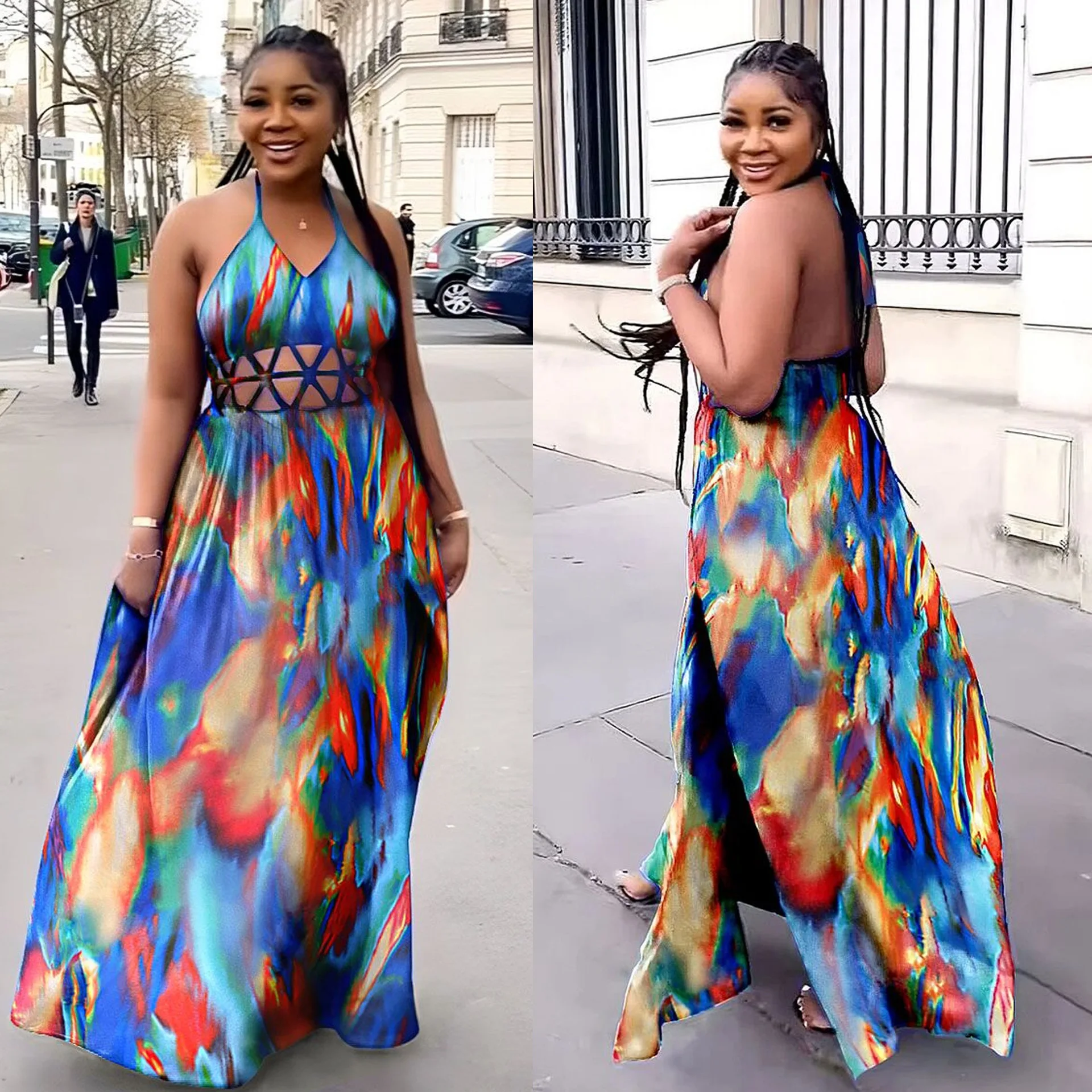 

2023 Summer Women Sexy Spaghetti Halter Long Dress Plus Size Sleeveless Waist Hollow Out Maxi Dresses Beach Wear Boho Vestidos