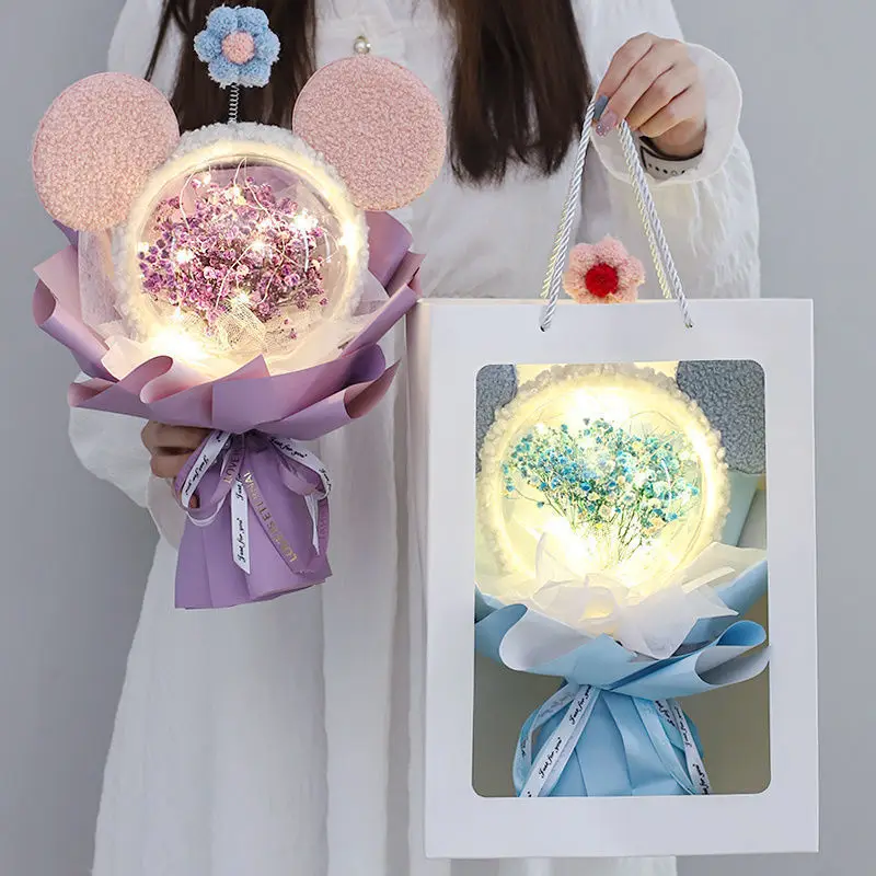 인공 꽃이 달린 아크릴 보보 볼, 안개꽃 꽃다발, 토끼 고양이 모양 상자, 발렌타인 데이, 여자 친구 생일 선물