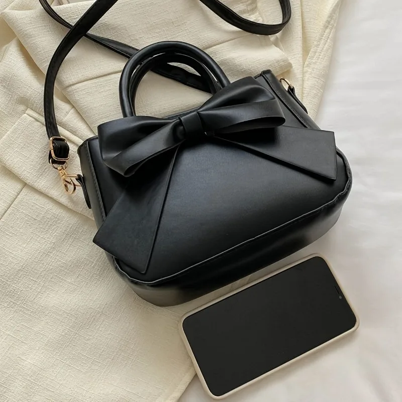 Elegant Black Bow Decorative Handbag Shoulder Crossbody Bag with Golden Hardware and Detachable Horizontal Strap, Stylish Daily