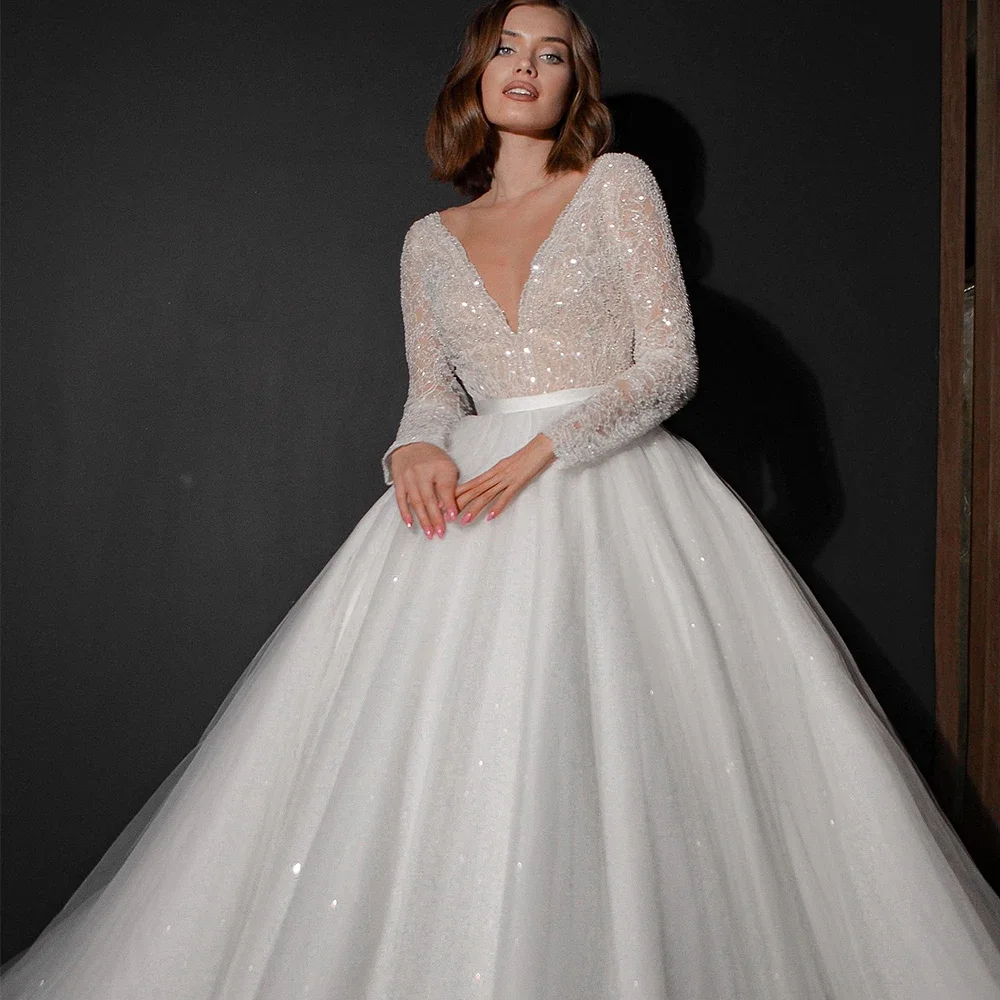 

A-Line V Neck Long Sleeve White Prom Gown Retro Sexy Bridal Wedding Dress Trailing Celebrity Banquet Evening es