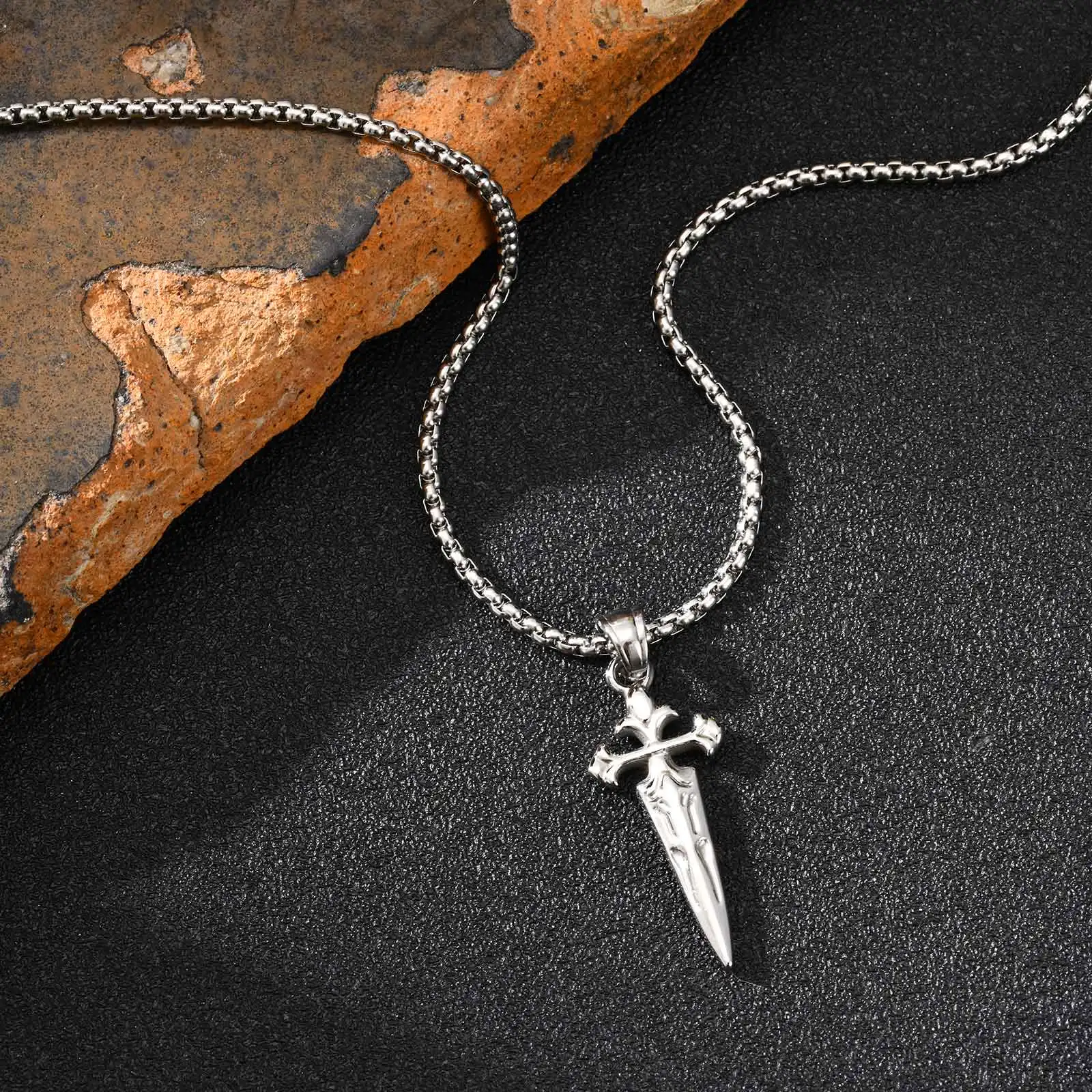 Mode Punk Kreuz Schwert Anhänger Halskette für Männer, Gold Silber Farbe Edelstahl Kette Halskette, Kreative Coole Schmuck – Detail 7