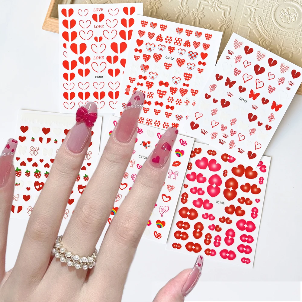 

1 лист 3D Самоклеящиеся наклейки для ногтей в виде сердца, красного сердца, губ, букв, шаблоны, слайдер, День Святого Валентина, дизайнерские наклейки, DIY маникюр *