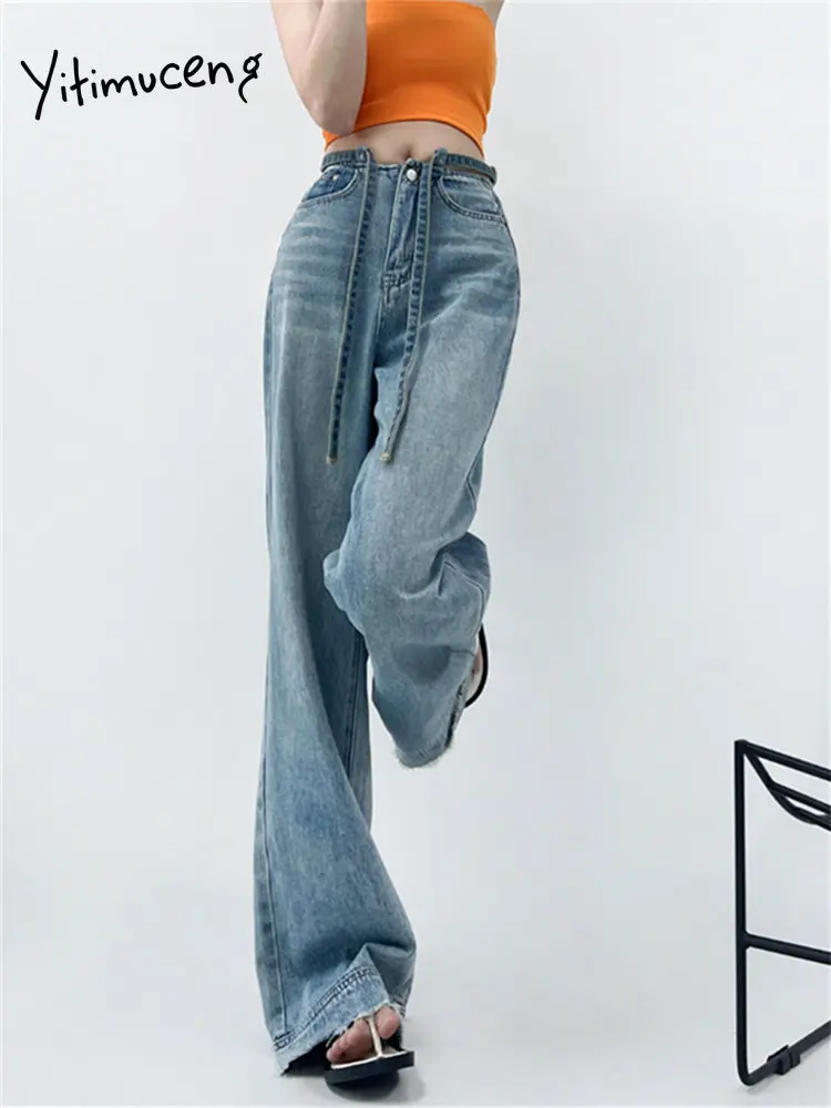 Yitimuceng Blue Jeans for Women 2023 Fashion Vintage Belt High Waisted  Jeans Chic Streetwear Wide Leg Jeans Full Length Pants - AliExpress