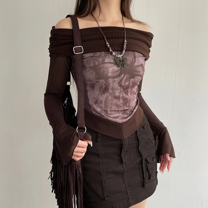 Top de mujer con mangas acampanadas y hombros descubiertos, estilo patchwork, estilo Y2K, estilo grunge, corte entallado, estilo vintage sexy, otoño de los años 2000