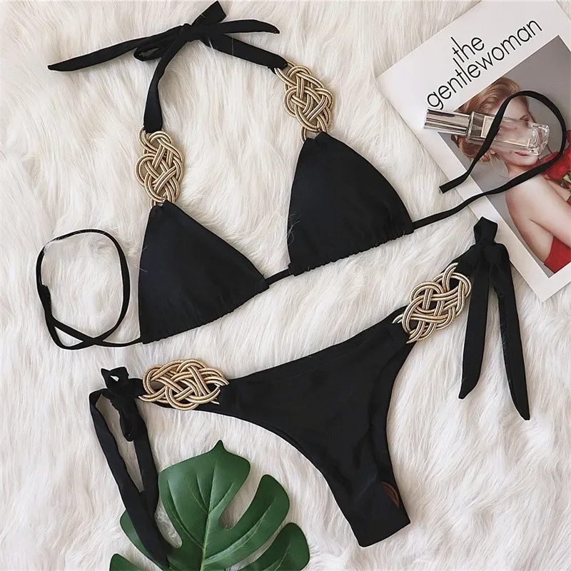 Sexy Handmade Knitted Ribbon Bikini Sets Women's Solid Colour Separates Swimwear Female NeckHanging Lace-up Swimsuit Beach Wear