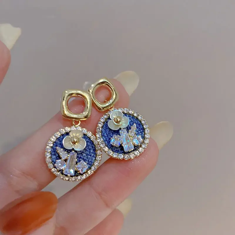 4 Pcs Floral Blue Hoop Earrings For Women Geometric Gold Eardrop Wedding Trendy Jewelry Gift