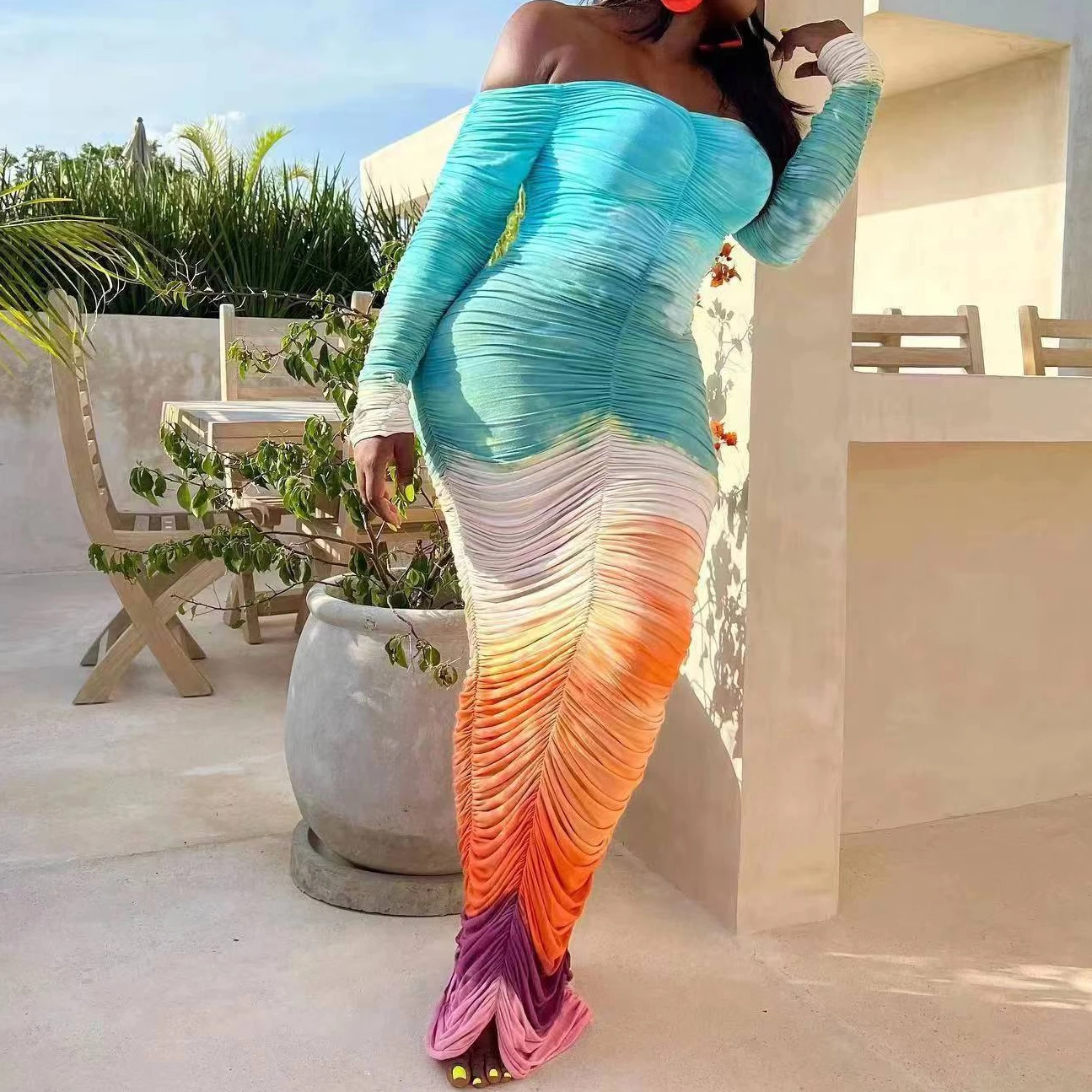 

Summer Sexy Mesh Tie Dye Gradient Print Pleated Bodycon Maxi Dress Off Shoulder Long Sleeve Women Party Club Sexy Dress