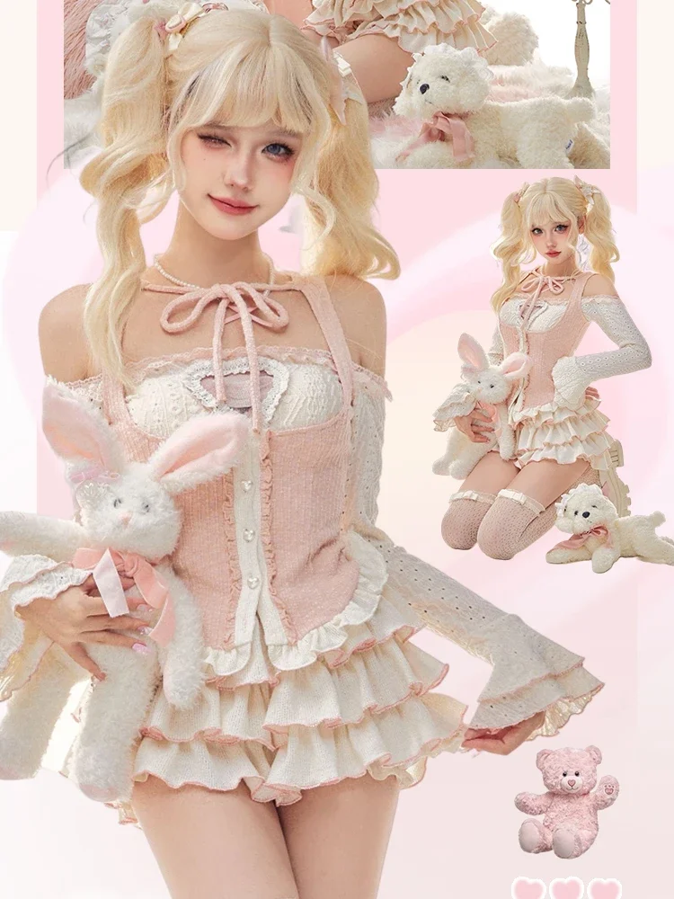 Japanese Sweet Kawaii 3 Piece Set Women Korean Lolita Cute Skirt Suit Female Pink Vest + Cake Mini Skirt + Off Shoulder Blouse blouses plain textured button ruffled blouse in pink size l m s xl