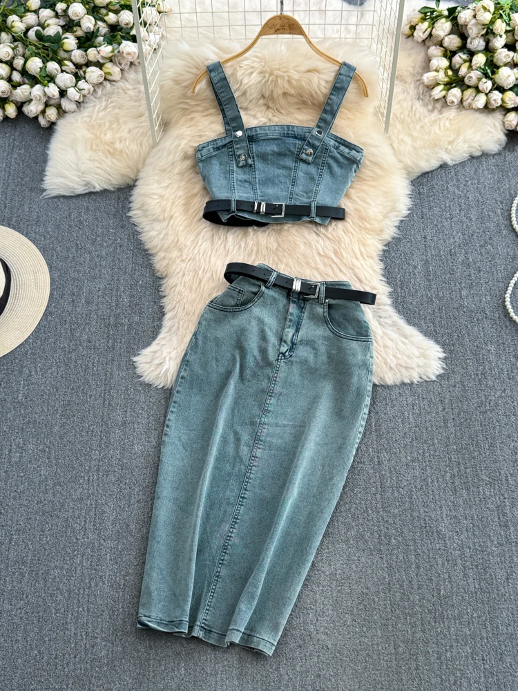 

Women Denim Skirts Suit Sleeveless Strapless Sashes Vest Tops + High-waisted Slimming Split A-Line Skirt Summer Jeans Set