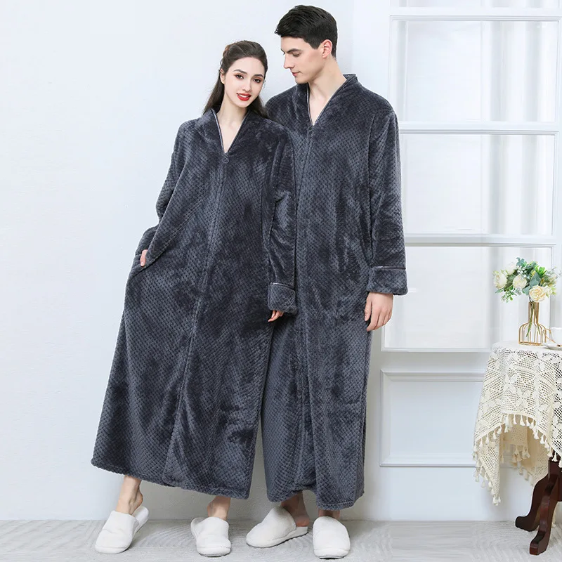 New Thickened Zipper Nightgown Flannel Nightgown Autumn and Winter Sleepwear Solid Color Men's and Women's Bathrobe