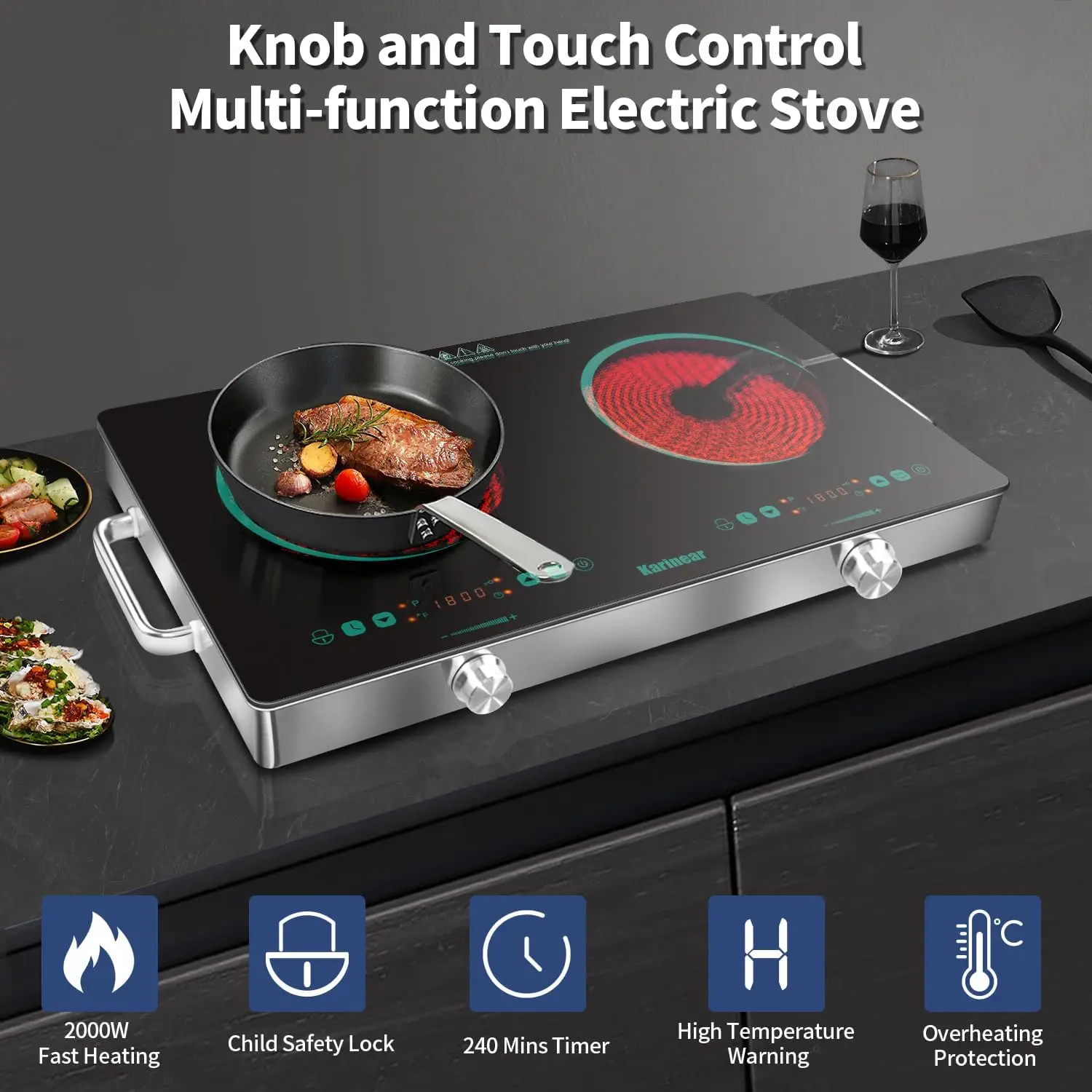 2 Burner Electric Cooktop 110V, Portable Electric Stove with Handle, Knob Control Electri Hot Plate, Ceramic Countertop