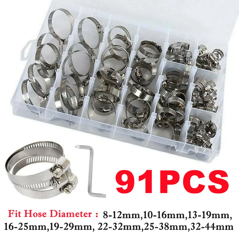 

91Pcs 8-44mm Adjustable Hose Clamp Worm Gear Hose Clip Set Fuel Hose Clamp For Water Pipe Plumbing Automotive Mechanical