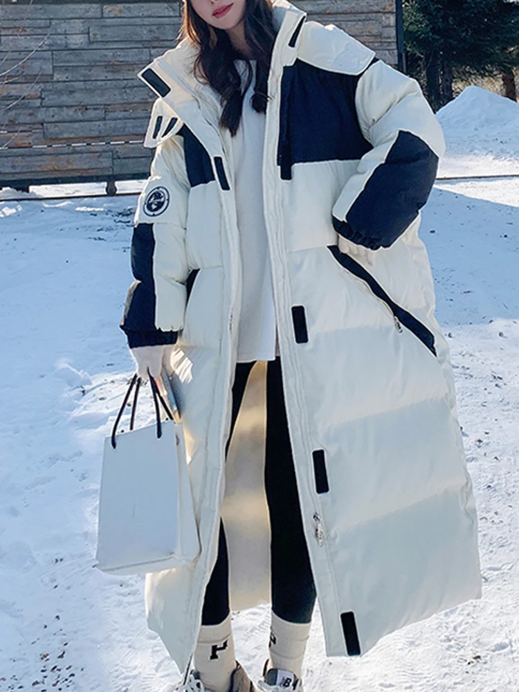 

Jielur Black White Contrasting Down Hooded Jacket Female Parkas Korean Style New Loose Warm Winter Women's Parka Long Down Coat