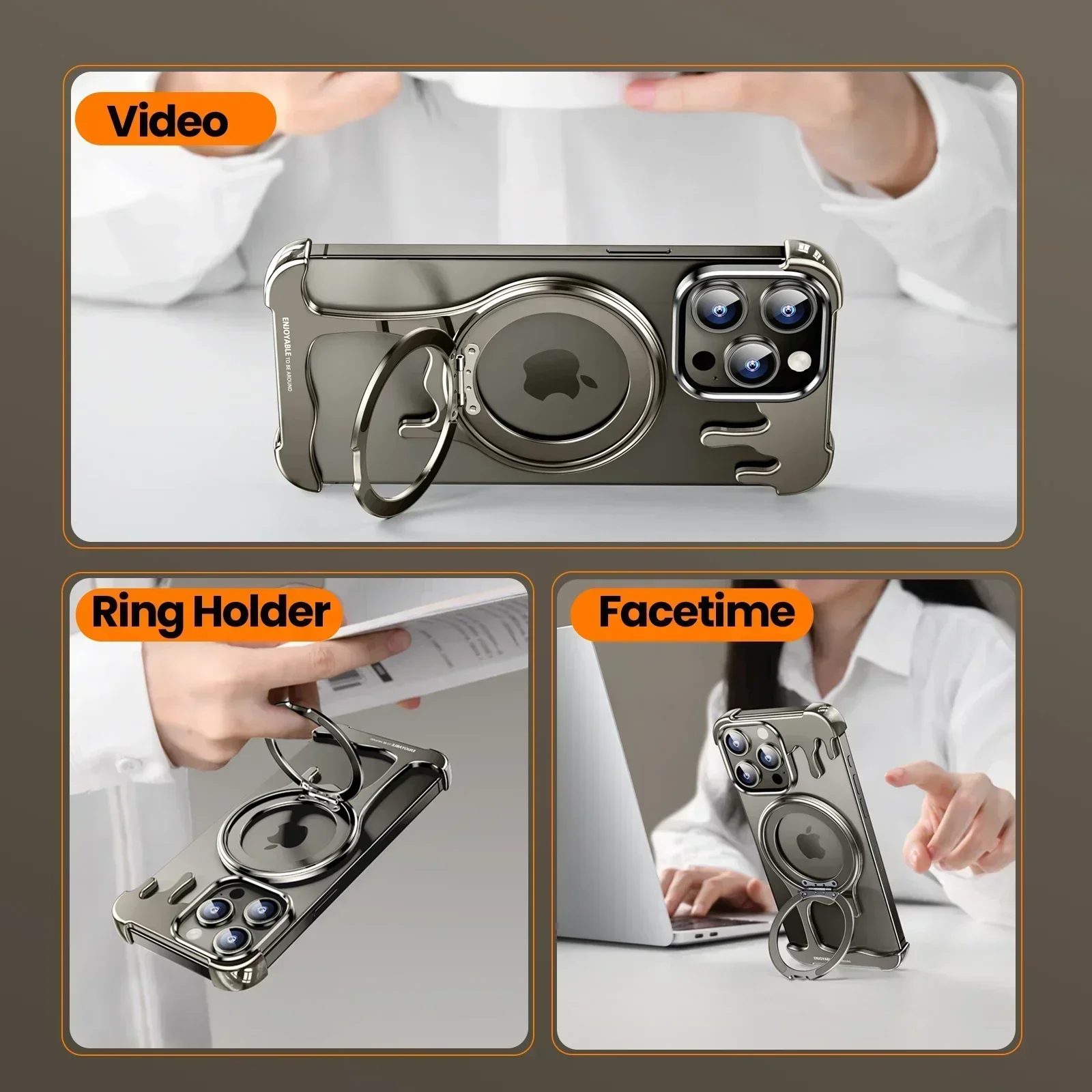 Eary Frameless Metal Bumper Case for iPhone 16/15/14/13 Pro Max with MagSafe 360°Rotatable Magnetic Kickstand Shockproof Cover