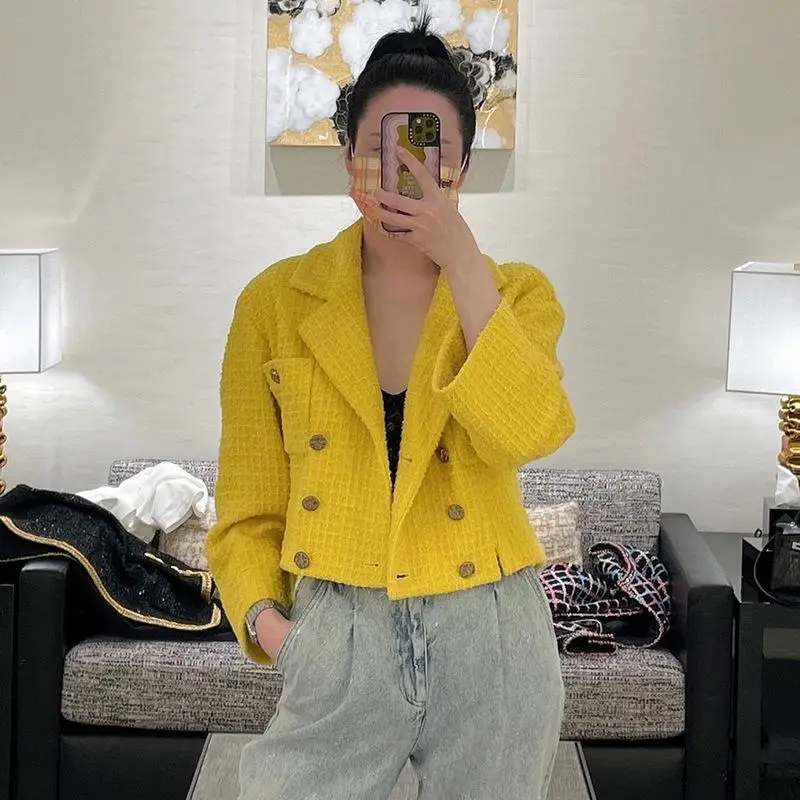 

European Fashion Women's Wear Autumn New Jacket 2023 Long Sleeve Suit Collar Double Breasted Yellow Luxury Tweed Coat